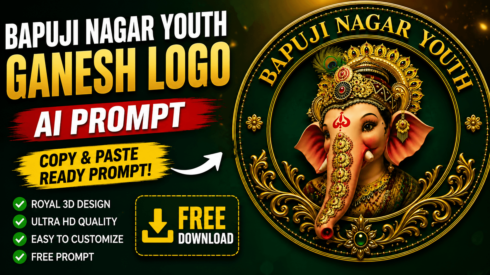 Ganesh Logo AI Prompt - Royal 3D Ganesh Chaturthi Youth Association Logo